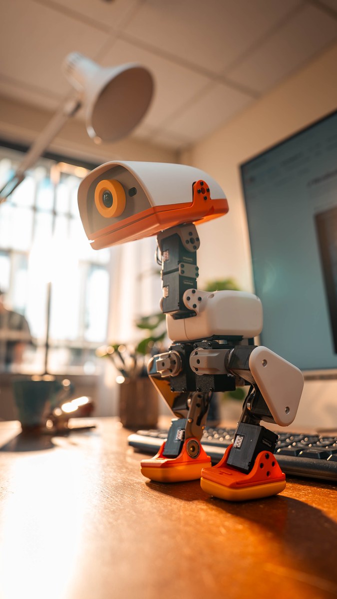 Pollen Robotics’ orange and white Microduck robot standing on a desk.