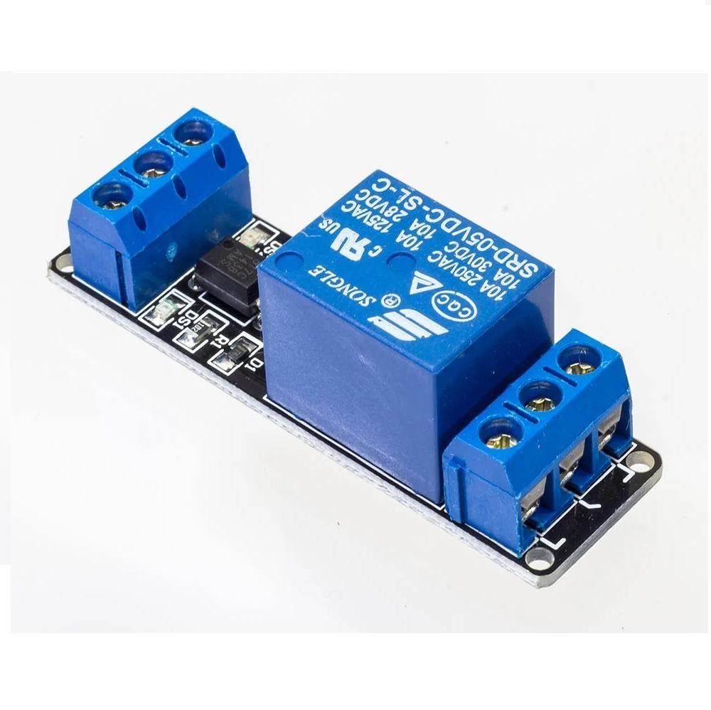 A single-channel relay module with a blue relay and screw terminals for its control and switched connections.